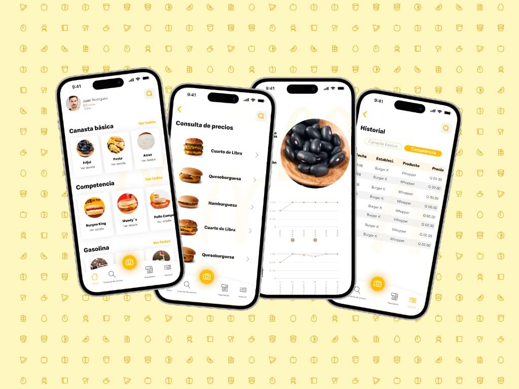 McDonald's ingredient and pricing app on four phones, showing the basic basket, price lookup, charts, and history