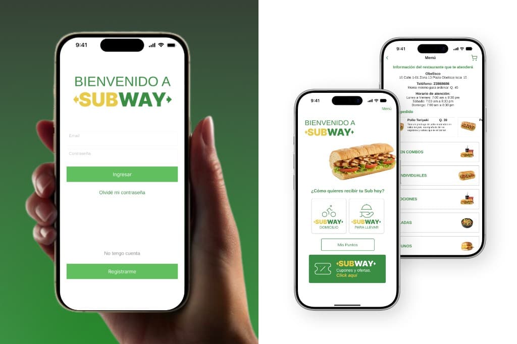 Subway app welcome screen, delivery options, and restaurant menu