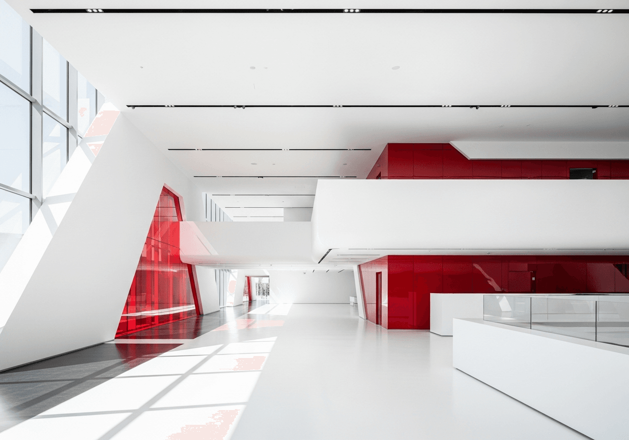 Modern architectural rendering with red accents — UniQual visual